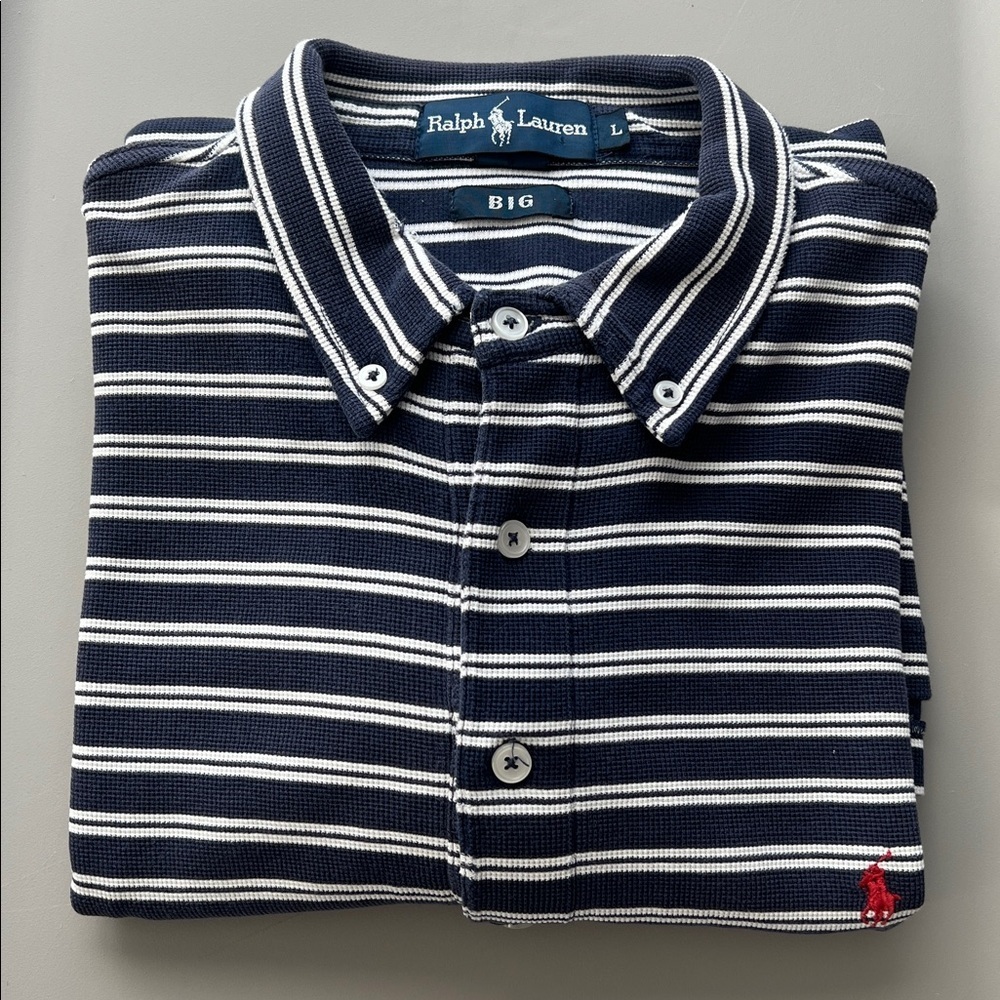 Ralph Lauren Pique Polo Navy/White Stripe Size Large Big & Tall * Flaw
